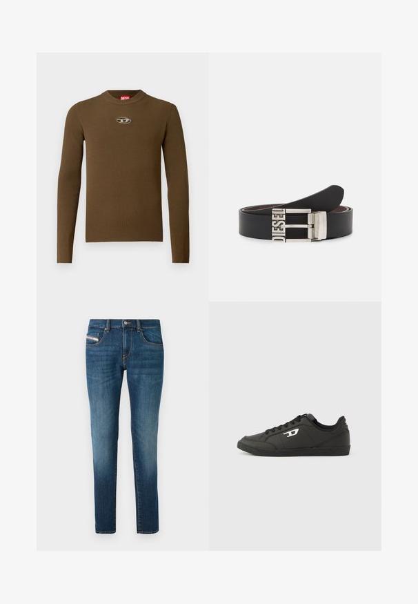 Bruine geribbelde longsleeve top met een ronde hals en een logo patch op de borst. De textuur is glad en aansluitend, gemaakt van rekbaar materiaal.; Donkerblauwe denim jeans met een lichte vervaging, straight leg ontwerp, vijf zakken en contrasterende stiksels.; Zwarte sneakers van synthetisch materiaal met een geribbelde zwarte zool, ronde neus en vlakke zwarte veters. Opvallend wit logomerk aan de buitenzijde.; Zwarte leren riem met een zilveren metalen gesp waarop de tekst "DIESEL" is gegraveerd. Het ontwerp is slank met een gladde textuur.