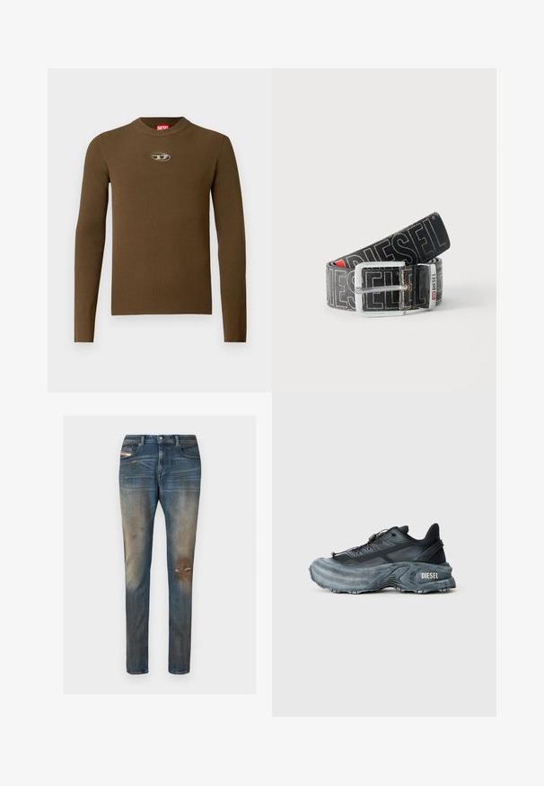 Bruine geribbelde longsleeve top met een ronde hals en een logo patch op de borst. De textuur is glad en aansluitend, gemaakt van rekbaar materiaal.; Blauwe denim jeans met een slim-fit pasvorm, lichte vervaging, distressed details en een klassiek ontwerp met vijf zakken, inclusief een klein logolabel.; Zwarte en grijze Diesel sneakers met dikke zool, vetersluiting en gestructureerd ontwerp op een effen lichtgrijze achtergrond.; Zwarte Diesel-riem met grote witte logotekst, rechthoekige zilveren gesp en merkmetal lusdetail, opgerold op een lichte achtergrond.