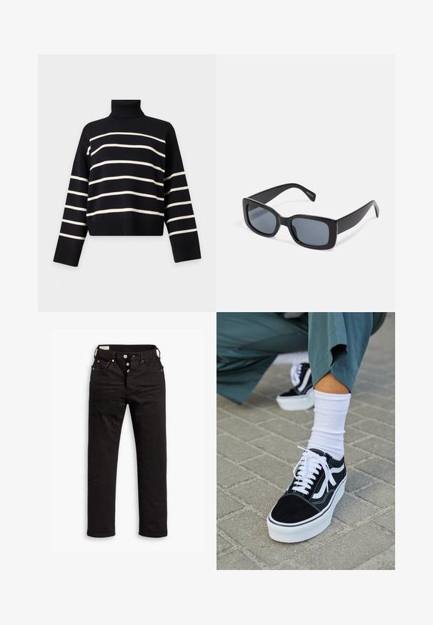 Zwarte coltrui trui met lange mouwen met horizontale witte strepen over het lichaam en de mouwen.; Zwarte rechtlopende jeans met knoopsluiting, voor- en achterzakken, en koperen klinknagels op een witte achtergrond.; Zwarte suède sneaker met witte accenten en veters, uitgerust met een dikke witte zool en contrasterende stiksels, gecombineerd met een witte sok.; Zwarte rechthoekige zonnebril met donkere getinte lenzen, een dik plastic montuur en brede scharnieren. Glad oppervlak en hoekig ontwerp.