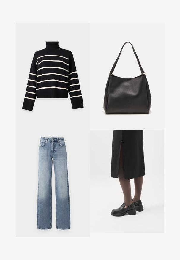 Sort rullekrave trøje med lange ærmer med horisontale hvide striber på kroppen og ærmerne.; Bredde ben bløde denim jeans i blå med en lys vask, lynlås, fem-lomme design og subtil falming nær anklerne.; Kvinde iført sorte loafers med chunky hæl, sorte tynde strømpebukser og en sort nederdel med slids bagpå på hvid baggrund.; Sort syntetisk lædertaske med blød tekstur, hobo-form og dobbelte skulderremme; har en blank overflade og minimalistisk design.