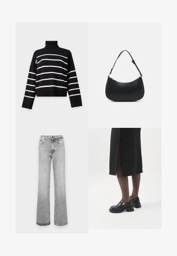 Pull à col roulé noir à manches longues avec des rayures blanches horizontales sur le corps et les manches.; Jeans droits délavés gris clair avec poches avant, passants de ceinture et une fermeture à bouton et à fermeture éclair.; Femme portant des mocassins noirs à talons épais, des collants noirs transparents et une jupe noire fendue à l'arrière sur fond blanc.; Pieces PCALUANA SHOULDER BAG - Sac à main - black