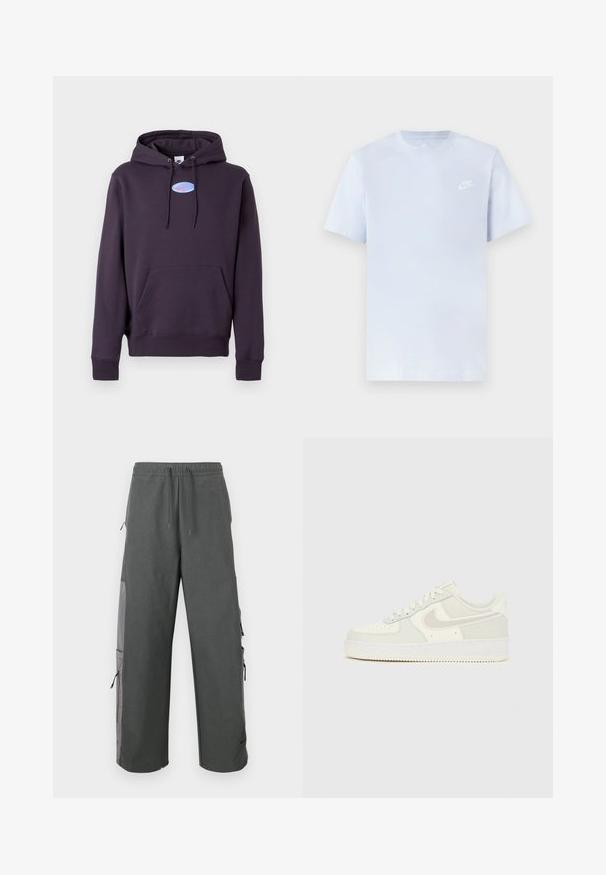 Tume lilla kapuutsiga jakk, millel on eesmine tasku ja nöörid, ning mille rinnal on väike sinine ovaalne Nike logo koos roosa siksakiga.; Hele sinine puuvillane t-särk lühikeste varrukatega, ümar kaelus ja valge Nike logo trükituna vasakul rinnal. Sile tekstuur, lihtne disain.; Tumedat hallid vabaaja tööpüksid elastse vöökohaga, paelaga, küljetaskutega ja võrkkangasdetailidega, mis on lõdva ja mugava istuvusega.; Valged Nike Air Force 1 tossud, mille pealiskihiks on sile nahk, helehallid aksendid, varbaosas augud ja tekstuuriga kummist tald.