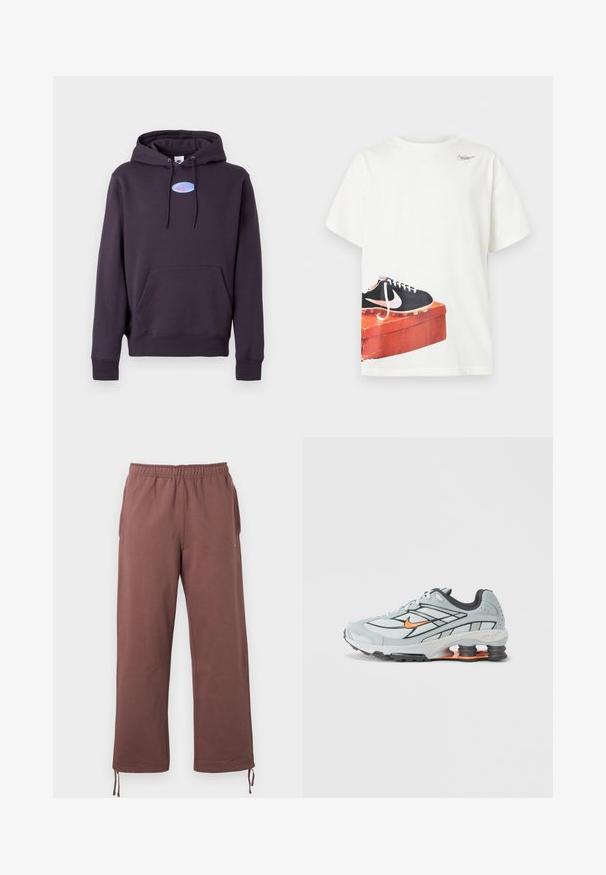 Mørklilla hoodie med frontlomme og snoretræk, prydet med et lille blåt, ovalt Nike-logo med en lyserød swoosh på brystet.; Hvid T-shirt med korte ærmer med et trykt sort Nike-fodboldstøvlemotiv på en slidt rød skoeske tæt på sømmen og et lille logo nær halsudskæringen.; Brune bukser med elastisk linning, lavet af blødt stof, med sidelommer og justerbare snore ved manchetterne for en tilpasset pasform.; Lyst grå løbesko med sorte detaljer, orange logo, mesh-overdel, polstret krave og gummisål med synlige stødabsorberende enheder.