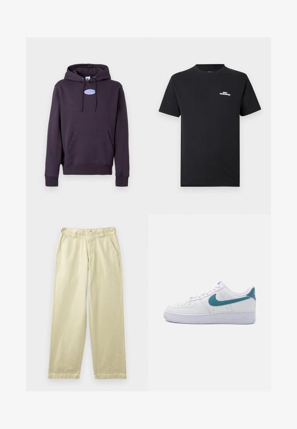 Tume lilla kapuutsiga jakk, millel on eesmine tasku ja nöörid, ning mille rinnal on väike sinine ovaalne Nike logo koos roosa siksakiga.; Mustast puuvillast T-särk ümara kaelusega, lühikeste varrukatega ja valge "OBEY WORLDWIDE" logoga rinnal.; Beežid puuvillased püksid lõdva lõikega, millel on küljetaskud, vööaugud ja sirged säärid. Siledapinnaline kangas minimaalse õmbluste detailidega.; Nike Sportswear AIR FORCE 1 '07 LOW ESSENTIAL - Tossud - white/smokey blue