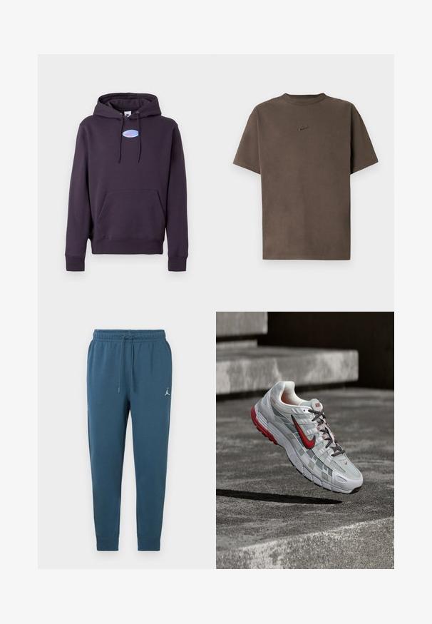 Mørklilla hoodie med frontlomme og snoretræk, prydet med et lille blåt, ovalt Nike-logo med en lyserød swoosh på brystet.; Brun Nike T-shirt med korte ærmer, rund hals og lille broderet logo centreret på brystet mod en hvid baggrund.; Blå bomuldsjoggerbukser med elastisk taljebånd, justerbar snøre, sidelommer og et lille hvidt logo på venstre lår.; Hvid og grå Nike løbesko med røde accenter og sorte snørebånd, ophængt over grå beton-trin.