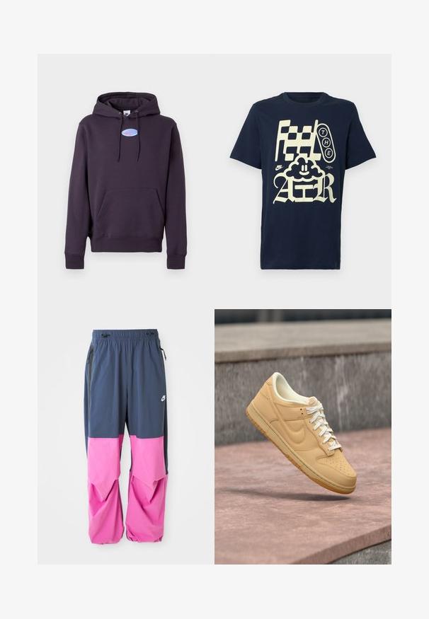 Tume lilla kapuutsiga jakk, millel on eesmine tasku ja nöörid, ning mille rinnal on väike sinine ovaalne Nike logo koos roosa siksakiga.; Tumesinine puuvillane T-särk, millel on julge kreemikas graafiline tekst: "Feel THE AIR", mänguline pilvemuster ja Nike'i logo serva lähedal.; Sinised ja roosad Nike treeningpüksid elastse vöökoha, lukuga küljetaskute ja valge logoga paremal reiele.; Beež Nike madalama servaga toss valgete paelte ja kummist tallaga, hõljumas kivipinna ja betoon tausta kohal.