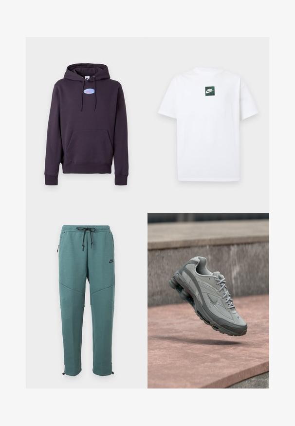 Tmavo fialová mikina s kapucňou, predným vreckom a šnúrkami, ktorá sa na hrudi vyznačuje malým modrým oválnym logom Nike so šestkou v ružovej farbe.; Biele krátke tričko s krátkym rukávom od Nike s malým zeleným štvorcovým logom, ktoré obsahuje logo Nike Swoosh a text umiestnený v strede na hrudi.; Tmavomodré tepláky Nike s čiernym šnúrkovým pásom, zipsovými bočnými vreckami, detailmi na kolenách a zúženými nohavicami s nastaviteľnými manžetami.; Sivá a biela teniska Nike zavesená nad kamenným schodom s viditeľným vzduchovým odpružením a textúrovanou podrážkou.