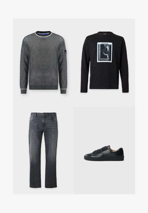 Pull en maille noir et blanc à manches longues avec col rond et bordure blanche contrastante au col et aux poignets, avec un petit patch sur la manche gauche.; Chemise noire à manches longues avec une photo en niveaux de gris encadrée d'un homme en costume avec le texte "Emporio Armani" et une citation sous la photo.; Jean noir droit avec fermeture avant par bouton et zip, design cinq poches et détails subtils d'usure.; Baskets en cuir noir avec une texture lisse, bout rond et fermeture à lacets. Comprend une semelle en caoutchouc épaisse et un minimum de détails de marque.