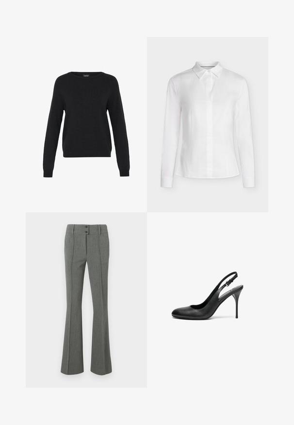 Sort strikket sweater med lange ærmer, rund halsudskæring og ribbet kant. Blød tekstur og minimalistisk design uden synlige mønstre eller accenter.; Hvid tætsiddende bluse med lange ærmer, spids krave, knappet foran og skræddersyede sømme, vist på en ensfarvet baggrund.; Grå, vidde bukser lavet af tekstureret stof. Har to knapper i taljen og syningsdetaljer foran.; Sort læder slingback pumper med spids tå, tynd stiletto hæl og justerbar rem. Glat tekstur og minimalistisk design.
