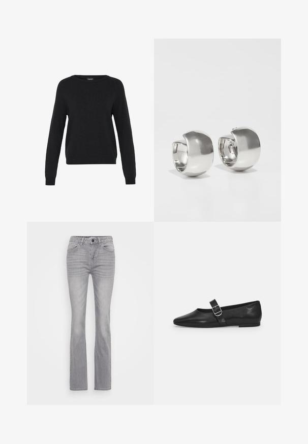 Pull en tricot noir à manches longues, col rond et ourlet côtelé. Texture douce et design minimal avec aucune motif ni accent visible.; Jeans en denim gris avec une coupe évasée, présentant un style classique à cinq poches et une fermeture à boutons. Tissu texturé avec un léger dégradé.; Chaussure plate en cuir noir avec un bout arrondi, une seule sangle réglable à boucle et une texture lisse et brillante. Design minimaliste avec un petit talon.; Uncommon Matters SCULPTURAL LARGE CREOLE - Boucles d'oreilles - silver-coloured