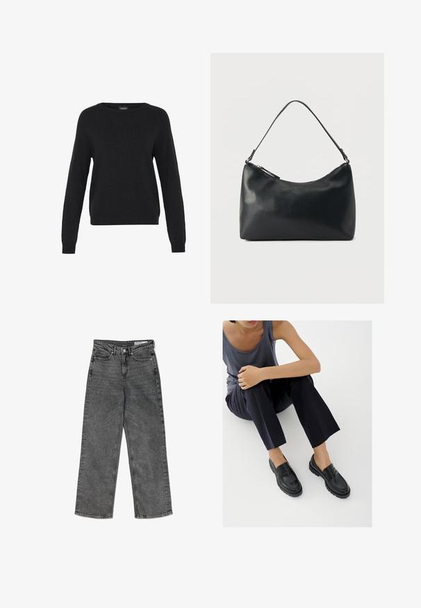 Pull en tricot noir à manches longues, col rond et ourlet côtelé. Texture douce et design minimal avec aucune motif ni accent visible.; Jean droit taille haute noir délavé avec poches avant, passants de ceinture, fermeture à bouton et étiquette de marque à l'intérieur de la ceinture.; Mocassins en cuir noir avec accents texturés, talon bas, bout arrondi, et coutures visibles. Modèle portant un pantalon sombre et un haut gris.; Sac bandoulière en cuir noir texturé avec fermeture éclair incurvée en haut et une seule sangle ajustable sur fond uni.
