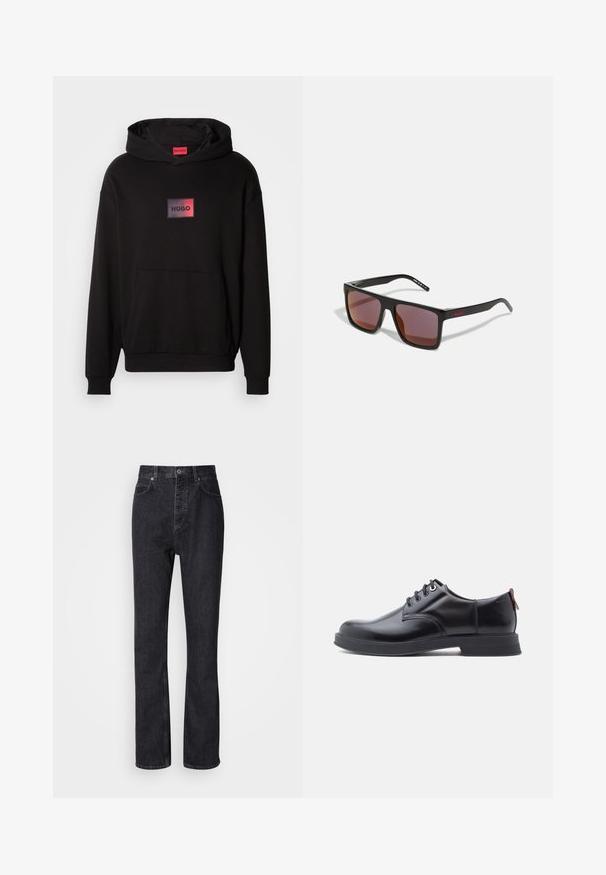 Haut à capuche noir en tissu doux, avec une poche kangourou à l'avant et un logo rectangulaire rouge et noir sur la poitrine.; Jean en denim noir taille haute avec fermeture à bouton et à glissière, poches avant et arrière, et coupe droite.; Chaussures en cuir noir à lacets avec une texture lisse, un bout arrondi et des détails de couture discrets. Présentent une languette rouge à l'arrière.; Lunettes de soleil rectangulaires noires avec des verres rouge foncé, présentant une finition mate et un logo rouge sur la branche. Monture en plastique robuste.