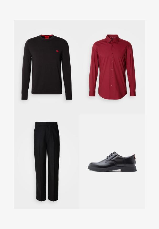 Sort crewneck sweatshirt lavet af blødt stof, med lange ærmer, ribbede manchetter og et lille rødt logo-patch på brystet.; Langærmet herre skjorte i burgunder med spids krave og knaplukning på hvid baggrund.; Sorte bukser lavet af glat stof, med lige ben, flad front og bæltestropper, præsenteret mod en ensfarvet baggrund.; Sorte snørestøvler i læder med glat tekstur, rundet tå og diskrete syningsdetaljer. Har en rød trækflig på hælen.