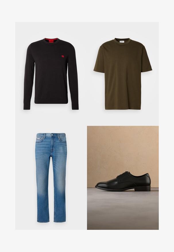 Sort crewneck sweatshirt lavet af blødt stof, med lange ærmer, ribbede manchetter og et lille rødt logo-patch på brystet.; Simpel olivengrøn T-shirt med korte ærmer og rund halsudskæring, med et synligt hvidt mærke ved halsen, præsenteret på en hvid baggrund.; Herre lyseblå jeans med lige ben, falmet detaljering, forreste knap, lynlås og fem-lomme stil, Calvin Klein mærke på lommen.; Sort lædersko svæver over beige vævet tæppe, med rundt træ sofabord og stablede bøger i blød fokus i baggrunden.