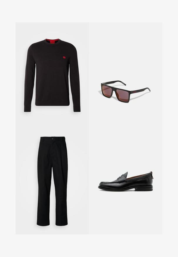 Zwarte crewneck sweater van zachte stof, met lange mouwen, geribbelde boorden en een klein rood logo-opdracht op de borst.; Zwarte rechte broek met een knoopsluiting, lusjes voor een riem en een voornaad, gepresenteerd tegen een effen witte achtergrond.; Zwarte leren herensloffen met moc toe stiksel, pennyriem, gestructureerde kraag en lage gestapelde hak op witte achtergrond.; Zwarte rechthoekige zonnebril met donkerrode glazen, voorzien van een matte afwerking en een rood logo op de slapen. Stevig plastic frame.