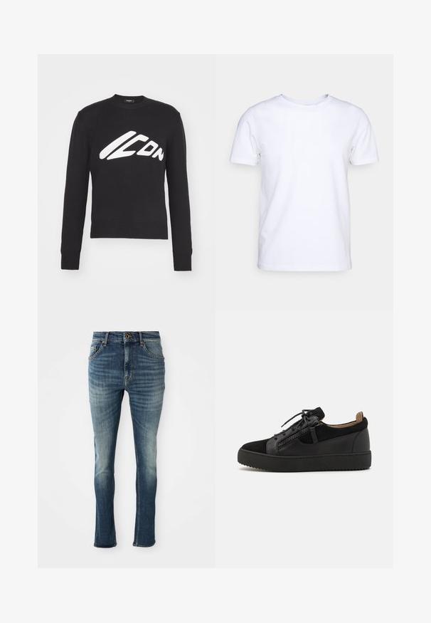 Pull en maille noir avec un col rond, des poignets et un ourlet côtelés. Affiche un logo "ICON" blanc bien visible dans une police stylisée sur le devant.; T-shirt blanc à manches courtes en tissu de coton avec un col rond. Design simple sans motifs ni accents. Texture lisse.; Jean denim bleu foncé avec une légère décoloration, coupe droite, cinq poches et couture contrastante. Fermeture à bouton en laiton et zip.; Giuseppe Zanotti DOUBLE ZIP - Baskets basses - black