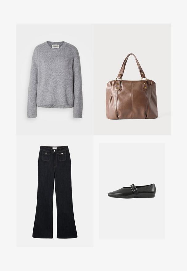 Lys grå strikket uldtrøje med lange ærmer og ribbetræk ved ærmerne, kanten og rund halsudskæring, udstillet på en hvid baggrund.; Sorte denim jeans med høj talje, flared ben, to frontlommer og orange syninger. Materialet ser solidt og glat ud.; Sorte læder flade sko med spidse tæer, prydet med en metallisk spænde over vristen og en lav, fleksibel sål.; Brun læderhåndtaske med to skulderremme fastgjort med guldfarvede ringe og nitter, vist mod en ensartet lys baggrund.