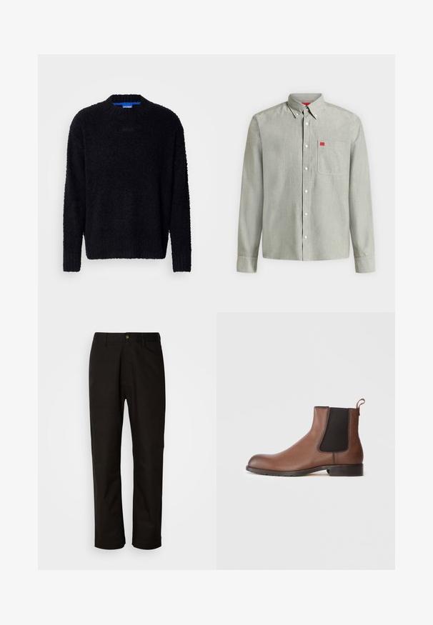 Sort sweater lavet af tekstureret strikket stof, med rund halsudskæring, lange ærmer og ribbestrikkede manchetter og kant. Subtil branding på brystet.; Lysegrå langærmet skjorte med knapper og en brystlomme foran med en lille rød label på lommen, med en knappet krave.; Sorte bomuldsbukser med lige pasform, bæltestropper, lynlås foran og en enkelt knappelukning. Glat tekstur uden synlige mønstre.; Brune læder Chelsea-støvle med en tekstureret overflade, elastiske sidepaneler og en trækflig. Har en gummisål for bedre trækkraft.