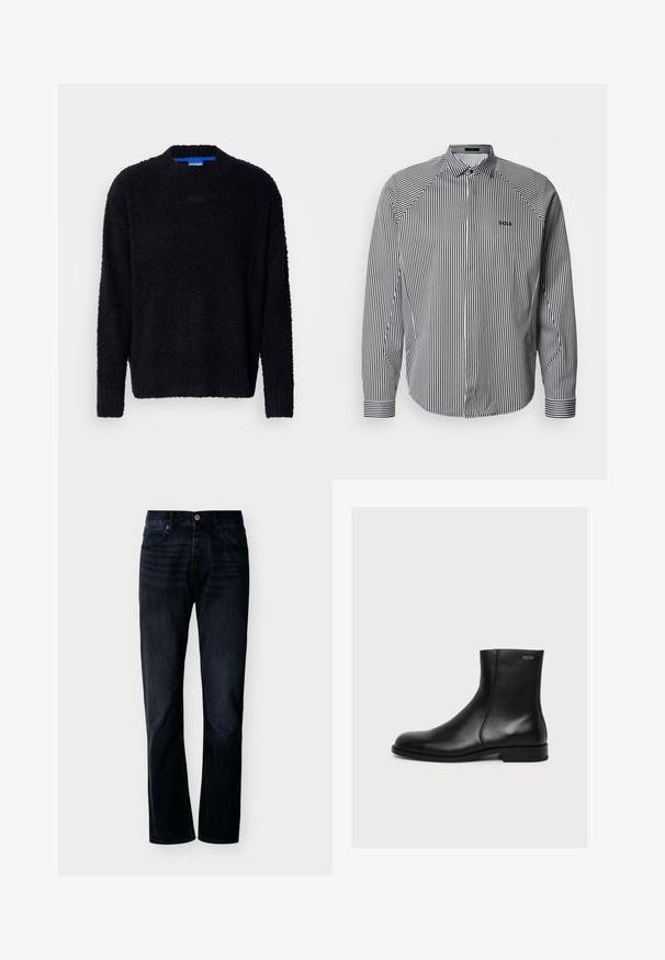 Sort sweater lavet af tekstureret strikket stof, med rund halsudskæring, lange ærmer og ribbestrikkede manchetter og kant. Subtil branding på brystet.; Stribet skjorte med knapper i sort og hvid, med klassisk krave, lange ærmer og diskret logo broderi på brystet.; Mørk indigoblå jeans med lige ben, lukning foran med knap og lynlås, bæltestropper og fem-lomme-design, vist på ensfarvet lys baggrund.; Sort glat læderankelstøvle med lav hæl og sidelukning med lynlås, mærket Hugo nær den øverste kant.