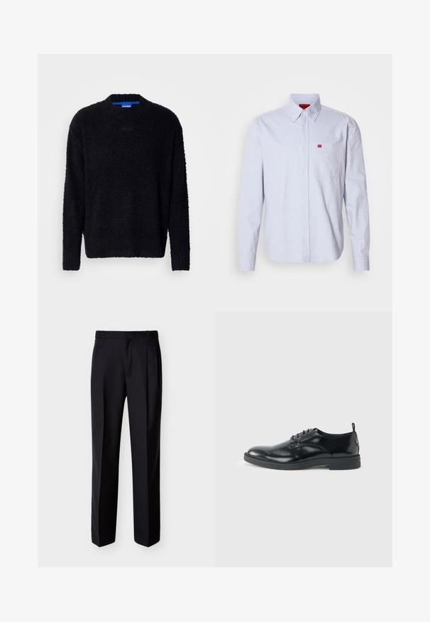 Sort sweater lavet af tekstureret strikket stof, med rund halsudskæring, lange ærmer og ribbestrikkede manchetter og kant. Subtil branding på brystet.; Lyseblå skjorte med knapper lavet af stof med en glat tekstur. Har en lille rød logo på brystlommen og krave med knapper.; Sorte skræddersyede bukser med lige snit, foldet forstykke og sidelommer. Fremstillet af et glat, let stof med et ensartet mønster.; Blank sort læder dresssko med lav hæl, snørelukning og rund tå, vist fra siden på ensfarvet lys baggrund.