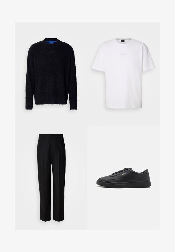 Sort sweater lavet af tekstureret strikket stof, med rund halsudskæring, lange ærmer og ribbestrikkede manchetter og kant. Subtil branding på brystet.; Hvid bomulds T-shirt med korte ærmer, rund halsudskæring og præget "BOSS" logo på brystet. Glat tekstur, standard pasform.; Sorte bukser lavet af glat stof, med lige ben, flad front og bæltestropper, præsenteret mod en ensfarvet baggrund.; Sorte lædersneakers med en glat overflade, rund tå, flad gummisål og tonede snørebånd. Udstyret med guld "BOSS" branding på siden.