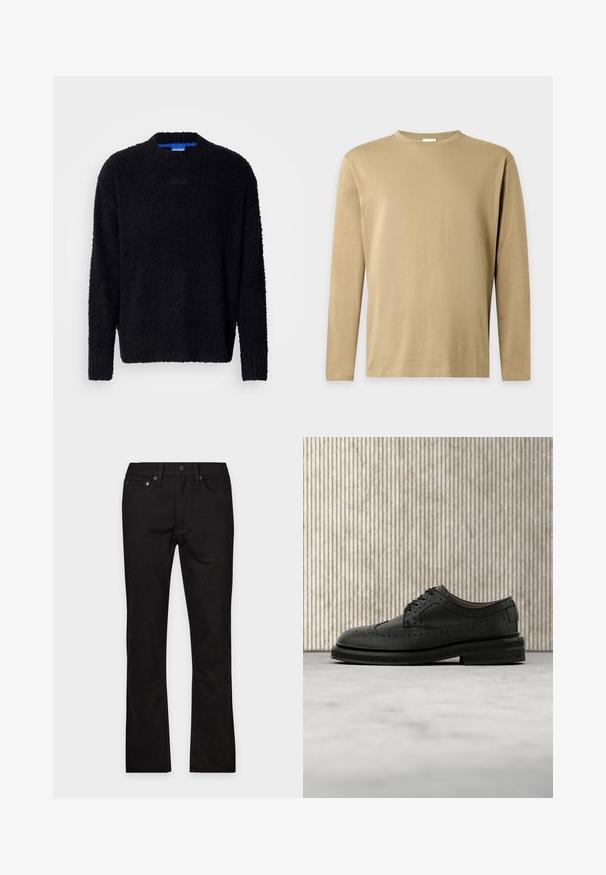 Sort sweater lavet af tekstureret strikket stof, med rund halsudskæring, lange ærmer og ribbestrikkede manchetter og kant. Subtil branding på brystet.; Beige langærmet rundhals skjorte med et enkelt, ensfarvet design på en lys grå baggrund.; Sorte jeans med lige ben, fem lommer og knaplukning, lagt fladt på en hvid baggrund.; Sort læder Oxford-sko med tekstureret overflade, rundet tå og dekorative perforeringer; har en tyk sort sål og snørelukning.