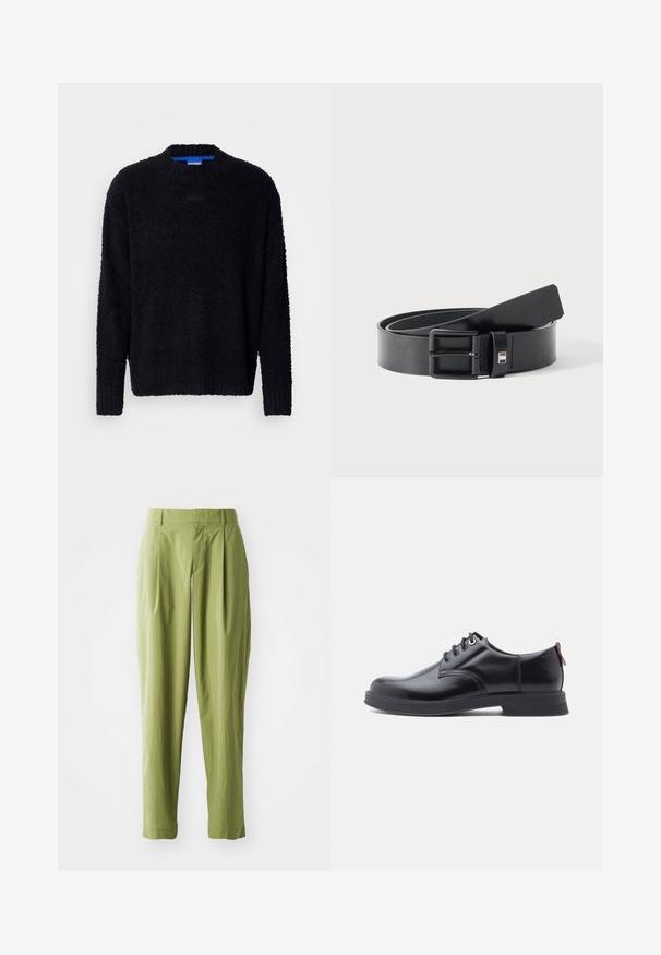Suéter negro hecho de una tela de punto texturizada, con un cuello redondo, mangas largas y puños y dobladillo canalé. Marca sutil en el pecho.; Pantalones verdes claros hechos de una tela texturizada, con una forma recta, pliegues en la parte frontal y una cinturilla estándar.; Zapatos de piel negra con cordones, textura lisa, puntera redondeada y detalles sutiles de costura. Cuentan con una lengüeta roja en el talón.; Cinturón de cuero negro con hebilla metálica negra mate, ligeramente enrollado con el extremo de la correa apoyado sobre una superficie blanca.