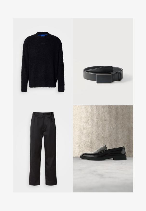 Suéter negro hecho de una tela de punto texturizada, con un cuello redondo, mangas largas y puños y dobladillo canalé. Marca sutil en el pecho.; Pantalones negros de tela suave, con cierre delantero de botón, pliegues y patas rectas. Sin patrones ni acentos visibles.; Zapato loafer de cuero negro pulido flotando sobre una alfombra beige con muebles translúcidos naranjas de fondo.; Cinturón de cuero negro enrollado con una hebilla rectangular negra mate y un logotipo en relieve discreto sobre un fondo blanco.