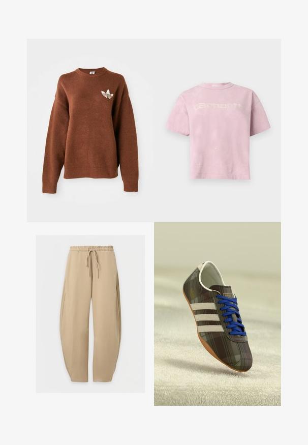 Brun strikket sweatshirt med rund hals, faldende skuldre, ribbede ærmeafslutninger og en hvid broderet logo på venstre bryst.; Lyserød kortærmet oversized T-shirt med falmet hvidt "Carhartt" logo over brystet og subtile malingstænk-detaljer.; Beige vidde joggingbukser med elastisk talje og snøre foran, vist fladt på en hvid baggrund.; Brune ternede atletiske sko med blå snørebånd, tre hvide striber og en glat overflade, med en lysebrune gummisul.