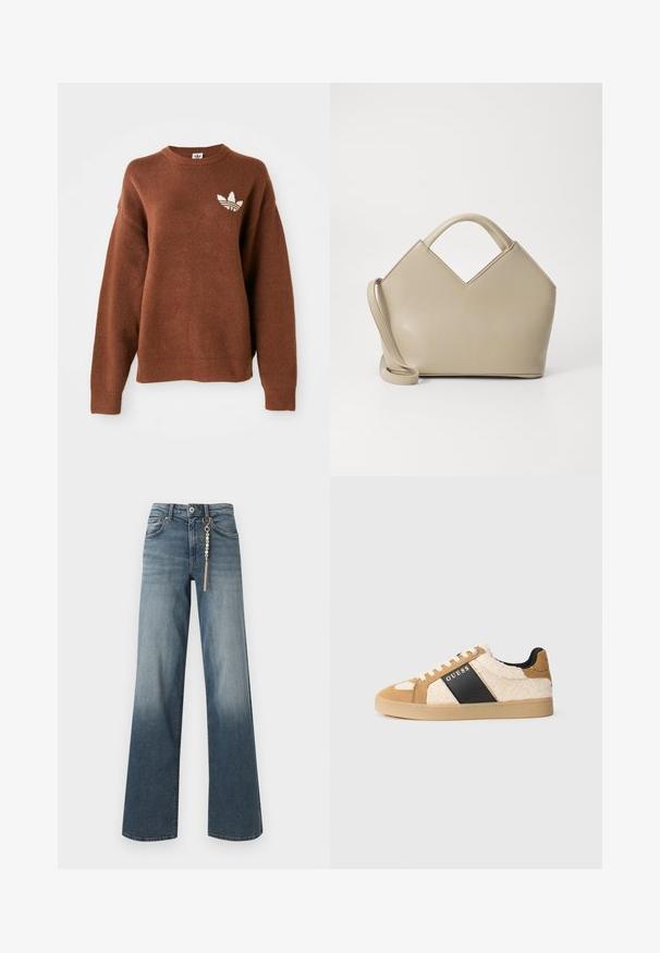 Brun strikket sweatshirt med rund hals, faldende skuldre, ribbede ærmeafslutninger og en hvid broderet logo på venstre bryst.; Blå straight-leg denim jeans med falmet vask og en guldfarvet kæde med perler, der hænger fra det forreste bæltestrop.; Tan og creme sneakers med en blød, pelslignende overdel, sort sidestribe, hvide snørebånd og en gummisåler. Brandnavnet "GUESS" er vist.; Beige struktureret håndtaske med en V-formet top, glat lædermateriale, korte håndtag og et langt justerbart rem. Minimalistisk design.