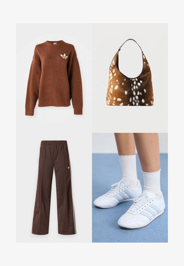 Brun strikket sweatshirt med rund hals, faldende skuldre, ribbede ærmeafslutninger og en hvid broderet logo på venstre bryst.; Brune atletiske bukser med vidde ben, hvide striber på siden, elastisk linning og to sidelommer. Har et lille logo på benet.; Hvide lædersportssko med lyseblå striber, struktureret tåhætte og hvide ankelstrømper. Vist på en blå tæppeoverflade.; Brun og sort håndtaske med hvid pletskindtekstur og en enkelt sort skulderrem på en ensfarvet baggrund.