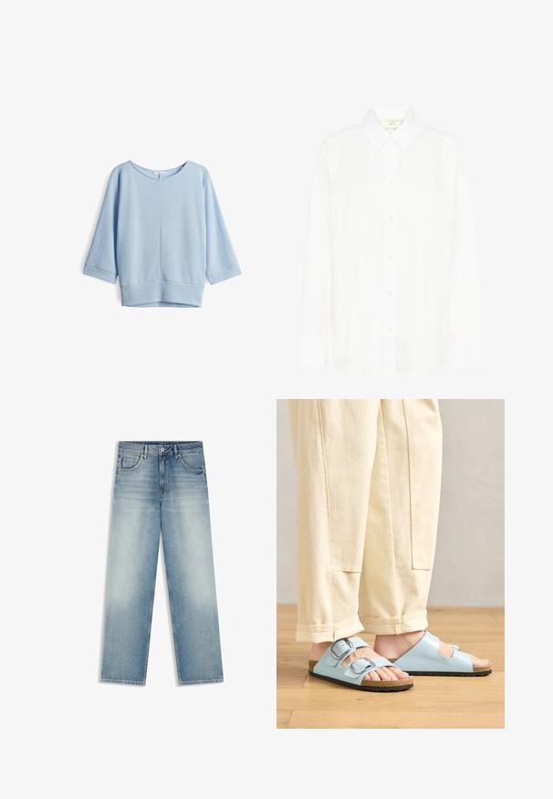 Lichtblauwe trui in een gestructureerde stof, met driekwart mouwen en een brede ronde halslijn, voorzien van een effen tailleband aan de onderkant.; Witte blouse met lange mouwen, knoopsluiting voor, een klassieke kraag en een reguliere pasvorm. Gemaakt van gladde stof, met acht knopen aan de voorkant.; Straight-leg blauwe denim jeans met vervaagde wassing, knoop- en ritssluiting, riemlussen en vijfzakken ontwerp.; Lichtblauwe open-toe sandalen met dubbele gespen, kurken voetbed en zwarte rubberen zool, gedragen bij crèmekleurige wijde broek.