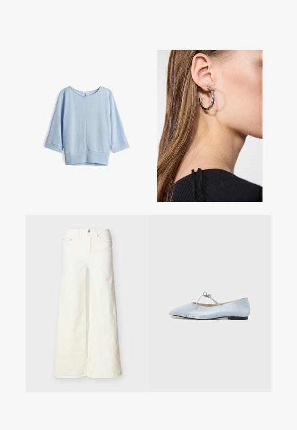 Helles blauer Pullover aus einem strukturierten Stoff, mit Dreiviertelärmeln und einem weiten Rundhalsausschnitt, sowie einem festen Bündchen am unteren Ende.; Weiße Jeans mit weitem Bein aus Denim, fünf Taschen und Knopfverschluss, flach auf einem hellen Hintergrund präsentiert.; Hellblaue flache Schuhe mit spitz zulaufender Spitze, dünnem gebundenem Riemen über dem Spann und kleinem schwarzem Absatz.; Silberne Creolen mit polierter Oberfläche, die kleine goldene Akzentdetails und eine runde Form aufweisen, am Ohrläppchen getragen.