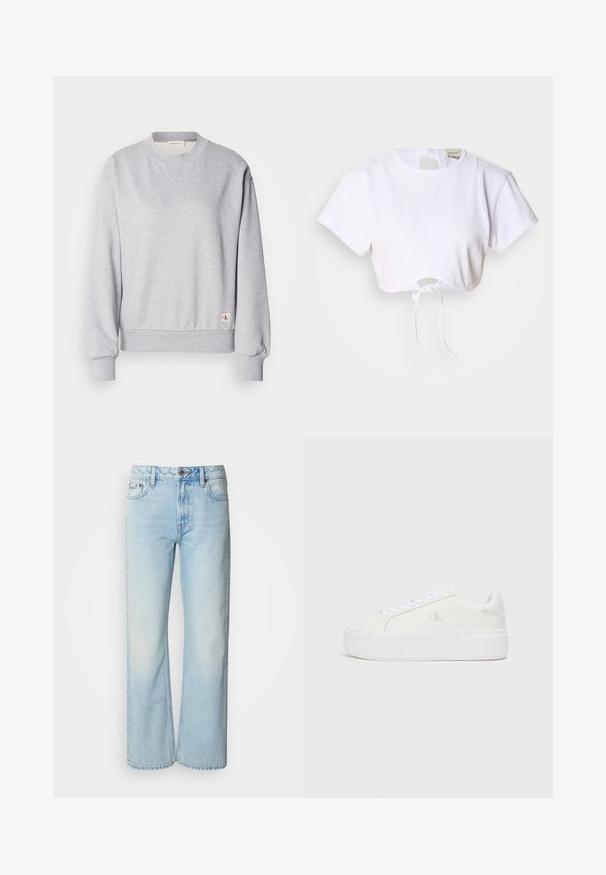 Grauer Baumwollpullover mit Rundhalsausschnitt, gerippten Bündchen und Saum. Verfügt über ein kleines Logoschild an der unteren Seite. Glatte Textur.; Weißes, kurzes T-Shirt aus glattem Stoff. Mit rundem Ausschnitt, kurzen Ärmeln und einem Kordelzug am Saum zur Anpassung.; Helle blaue weit geschnittene Jeans aus Denim, mit einem klassischen Fünf-Taschen-Design und einer dezenten, gewaschenen Textur. Die Denim-Nähte sind sichtbar.; Weiße Plattform-Sneaker mit einem glatten Leder-Obermaterial, abgerundetem Zehenbereich, weißen Schnürsenkeln und dezentem Logo-Detail an der Seite. Flache Gummisohle.