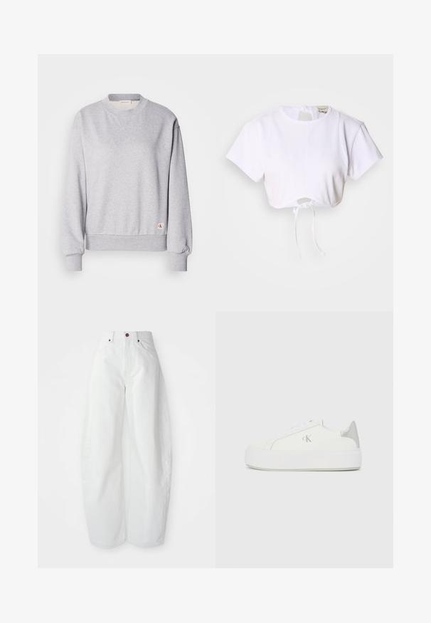 Grijze katoenen sweatshirt met ronde hals, ribgebreide uiteinden en tailleband. Bevat een klein logo-label aan de onderzijde. Soepele textuur.; Witte cropped t-shirt gemaakt van gladde stof. Heeft een ronde halslijn, korte mouwen en een trekkoord onderaan voor aanpassing.; Hoge taille witte spijkerbroek met een losse pasvorm. Voorzien van een knoopsluiting, zijzakken en een minimalistisch ontwerp. Glad textuur.; Witte canvas sneakers met een dikke witte zool, voorzien van een metallic zilveren accent op de hiel en een subtiel logo detail aan de zijkant.