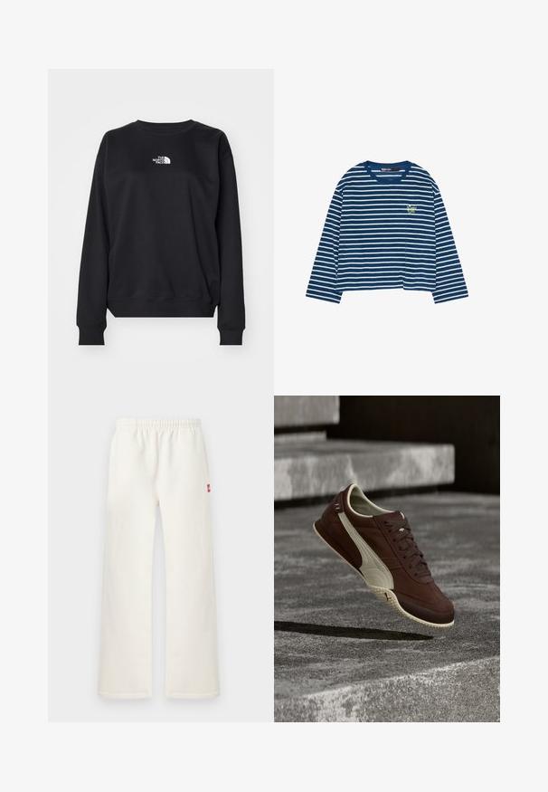 Zwarte sweatshirt gemaakt van een katoenmengsel, met een ronde halslijn, lange mouwen, ribgebreide manchetten en een klein wit logo op de borst.; Donkerblauw shirt met lange mouwen, witte horizontale strepen en kleine geelgroene tekst op de linkerborst met de tekst "Bimba y Lola."; Off-white broek met rechte pijpen en een elastische tailleband, met een klein rood stukje stof aan de rechterkant, weergegeven tegen een effen lichte achtergrond.; Bruine sneaker met beige zool en zijstreep zweeft boven betonnen trappen in natuurlijk licht.