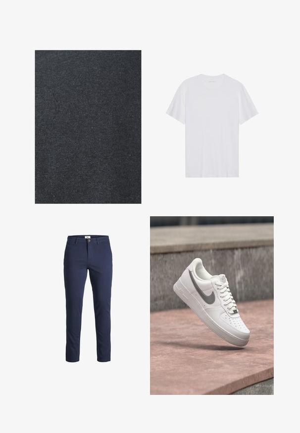 Tissu en coton noir avec une texture lisse, présentant un motif de tricot uniforme et sans embellissements ni détails en métal visibles.; T-shirt en coton blanc à manches courtes, col rond et texture lisse. Présente un branding minimal au niveau du col.; Pantalons en coton bleu marine à coupe slim, avec une fermeture à bouton, des passants de ceinture et deux poches avant. Texture lisse, détails minimaux.; Baskets blanches Nike Air Force 1 avec logo swoosh gris flottant au-dessus d'une surface en pierre et un mur en pierre gris en arrière-plan.