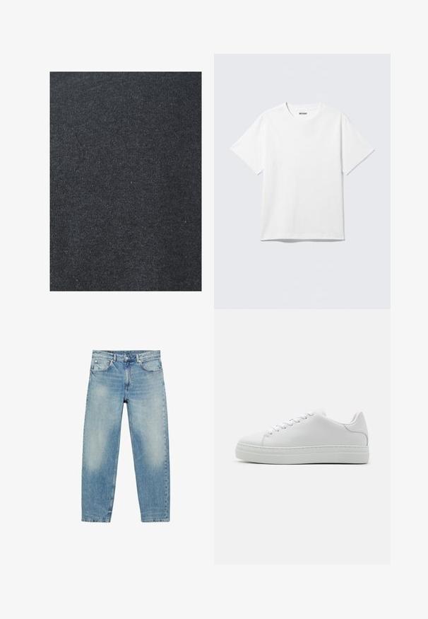 Tissu en coton noir avec une texture lisse, présentant un motif de tricot uniforme et sans embellissements ni détails en métal visibles.; T-shirt blanc à manches courtes et col rond, étalé à plat, design uni, avec l'étiquette "WEEKDAY" à l'intérieur du col sur un fond clair.; Jean droit en denim bleu avec poches avant et passants de ceinture, présentant des détails légèrement décolorés sur les cuisses et les genoux.; Baskets en cuir blanc avec une semelle plateforme imposante, bout rond et six œillets. Texture lisse avec de subtiles détails de couture.
