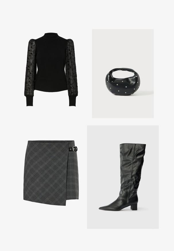 Pull noir côtelé avec un col montant et des manches bouffantes transparentes ornées de broderies florales. Coupe ajustée avec des manches texturées contrastantes.; Jupe en laine à carreaux gris foncé avec un détail de boucle noire sur le côté droit, ourlet droit et un motif subtil de lignes diagonales.; Bottes noires en cuir jusqu'au genou avec un bout pointu, un tige décontractée et un talon carré. Texture lisse avec peu de coutures visibles.; Sac à main en cuir noir de forme arrondie, décoré de clous argentés et équipé d'une poignée courte. Texture lisse et fermeture éclair.