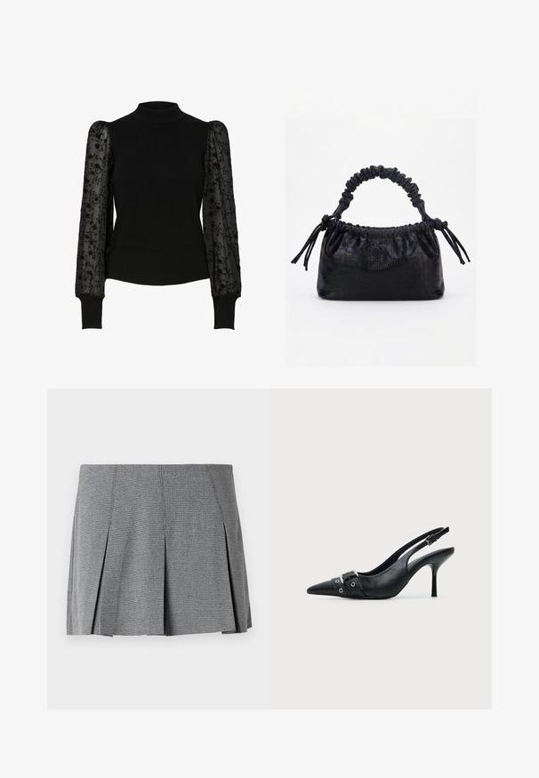 Pull noir côtelé avec un col montant et des manches bouffantes transparentes ornées de broderies florales. Coupe ajustée avec des manches texturées contrastantes.; Jupe mini plissée grise en tissu texturé, avec un motif à carreaux et une coupe droite agrémentée de fentes sur les côtés.; Escarpin slingback à talon haut en cuir noir avec bout pointu, boucle et détail de bride œillet à l'avant.; Sac à main noir avec texture crocodile, bord supérieur froncé, poignée plissée et pompons à cordon de chaque côté sur fond blanc.
