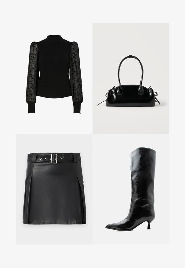 Pull noir côtelé avec un col montant et des manches bouffantes transparentes ornées de broderies florales. Coupe ajustée avec des manches texturées contrastantes.; Jupe mini en faux cuir noir avec un design ajusté, des plis latéraux et une ceinture avec une boucle argentée et des œillets. Texture lisse, taille haute.; Botte en cuir noire brillante, haute jusqu'au genou, avec bout pointu et talon bas courbé sur un fond clair uni.; Petit sac à main noir brillant avec deux longues anses et des détails à cordon sur les côtés sur un fond clair uni.