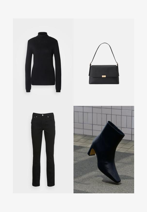 Pull en col roulé noir fabriqué dans un tissu en maille douce, présentant des manches longues et une silhouette ajustée avec un col et un ourlet côtelés.; Jeans slim fit noirs avec bouton et fermeture éclair à l'avant, dotés de deux poches avant et de passants de ceinture sur un fond blanc uni.; Bottine noire en cuir avec talon bloc, posée sur un trottoir gris devant un mur clair carrelé.; Sac à main noir en matériau texturé avec une forme structurée. Présente une fermeture à rabat, un accent en métal doré et une poignée unique.