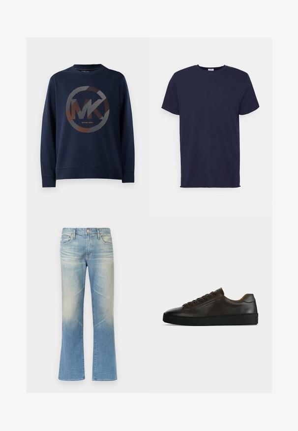 Marineblauwe sweatshirt met een groot circulair logo met "MK" in het midden. Het ontwerp bevat gestreepte patronen in zilver en oranje tinten.; Navyblauwe T-shirt met korte mouwen van zachte stof. Heeft een ronde hals en een rechte snit zonder patronen of accenten.; Lichtblauwe denim flared jeans met een vervaagde finish, vijfzakkenontwerp, metalen knoopsluiting en rechte zoom.; Low-profile donkerbruine leren sneaker met zwarte rubberen zool, veters aan de voorkant en een strak minimalistisch design op een lichte achtergrond.