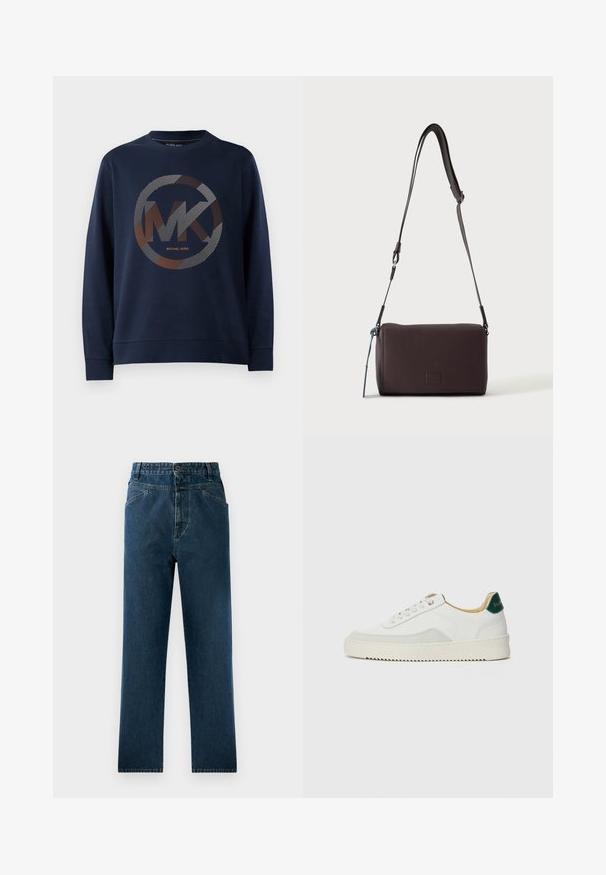 Marineblauwe sweatshirt met een groot circulair logo met "MK" in het midden. Het ontwerp bevat gestreepte patronen in zilver en oranje tinten.; Donkerblauwe spijkerbroek met rechte pijpen en een hoge taille, voorzien van voorzakken en een knoopsluiting. Gelaagd materiaal met subtiele vervaging.; Witte sneaker met suède accenten, ronde neus, platte veters en een crème rubberen zool. Bevat groene branding op de hiel.; Donkerbruine gestructureerde leren crossbodytas met verstelbare riem en klein decoratief blauw accent aan de zijkant.