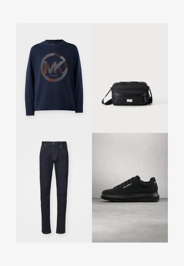 Mørkeblå sweatshirt med et stort cirkulært logo med "MK" i midten. Designet inkluderer stribede mønstre i sølv- og orangetoner.; Mørkeblå denimjeans med slim fit, fem-lomme design og knaplukning. Har kontrastsyninger og lige benform.; Sort Karl Lagerfeld-sneaker med sorte snørebånd, gummisål og logodetalje, svævende over en grå betongulv nær glasblokke.; Sort rektangulær crossbody-taske med front lynlåslomme, justerbar rem og sølv rektangulært logo mærke på ensfarvet baggrund.
