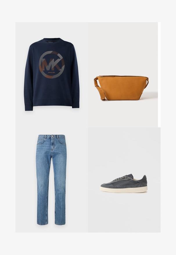 Mørkeblå sweatshirt med et stort cirkulært logo med "MK" i midten. Designet inkluderer stribede mønstre i sølv- og orangetoner.; Blå lige ben højtaljede jeans med frontknap, lynlås, bæltesløjfer og fem-lomme design mod en hvid baggrund.; Mørkegrå sneakers lavet af læder og ruskind med lavt snit, med en cremefarvet gummisål og flade snørebånd.; Lys brun læder crossbody taske med justerbar rem og lynlås, vist mod en ensartet lys baggrund.