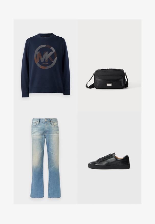 Marineblauwe sweatshirt met een groot circulair logo met "MK" in het midden. Het ontwerp bevat gestreepte patronen in zilver en oranje tinten.; Lichtblauwe denim flared jeans met een vervaagde finish, vijfzakkenontwerp, metalen knoopsluiting en rechte zoom.; Zwarte leren sneaker met een gladde textuur, ronde neus en vetersluiting. Heeft een dikke rubberen zool en minimale merkaanpassing.; Zwarte rechthoekige crossbodytas met voorvak met ritssluiting, verstelbare schouderband en zilveren rechthoekige logo-plaat op effen achtergrond.