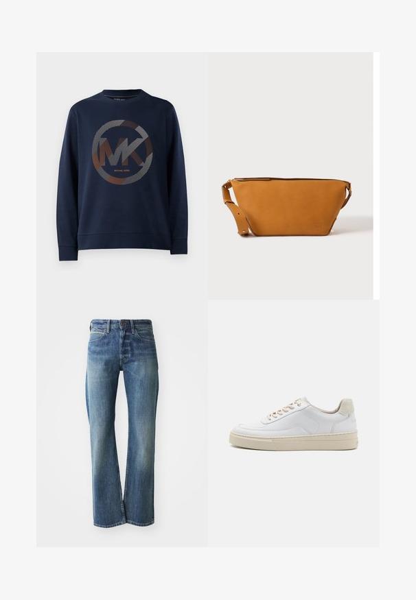 Mørkeblå sweatshirt med et stort cirkulært logo med "MK" i midten. Designet inkluderer stribede mønstre i sølv- og orangetoner.; Denim jeans med en lys til mellemblå farve, lige ben skæring, klassisk fem-lommer design og subtil falmning foran.; Hvide sneakers med en glat læderoverdel, beige snørebånd og en tekstureret beige ruskindsheel-tab. Hævet sål for ekstra højde.; Lys brun læder crossbody taske med justerbar rem og lynlås, vist mod en ensartet lys baggrund.