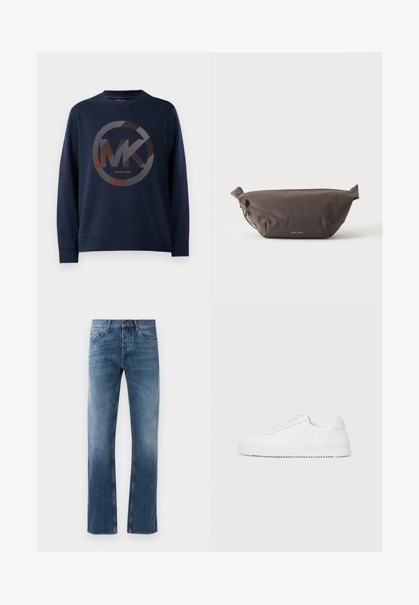 Sweat-shirt bleu marine avec un grand logo circulaire au centre portant "MK". Le design comprend des motifs rayés dans des tons argentés et oranges.; Jean en denim bleu avec une coupe droite, délavé, cinq poches et coutures contrastées. Fermeture à bouton et zip à la taille.; Sneaker blanc avec une tige en cuir lisse, bout rond, lacets, accents latéraux texturés et une épaisse semelle en caoutchouc. Design minimaliste.; Sac banane en tissu marron foncé avec poche zippée en diagonale et petit logo blanc sur le devant, sur un fond clair uni.
