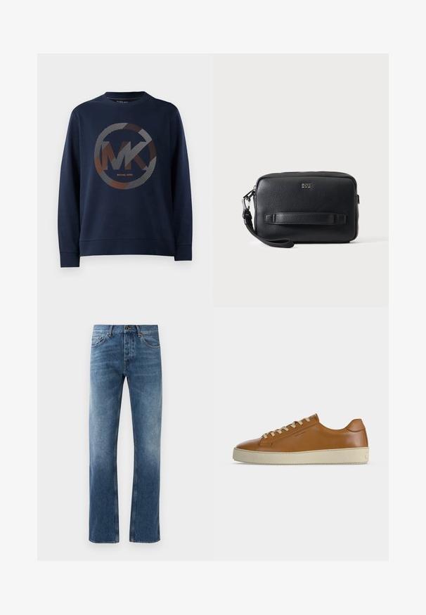 Marineblauwe sweatshirt met een groot circulair logo met "MK" in het midden. Het ontwerp bevat gestreepte patronen in zilver en oranje tinten.; Blauwe denim jeans met een rechte pijpdesign, vervaagde wassing, vijf zakken en contrasterende stiksels. Knopen- en ritssluiting bij de tailleband.; Lage bruine leren sneaker met crèmekleurige veters en dikke crèmekleurige rubberen zool, zijaanzicht op witte achtergrond.; Zwarte gestructureerde leren polstasje met ritssluiting, horizontale band aan de voorkant, klein zilveren "BOSS" logo en afneembare polsband aan de linkerkant.